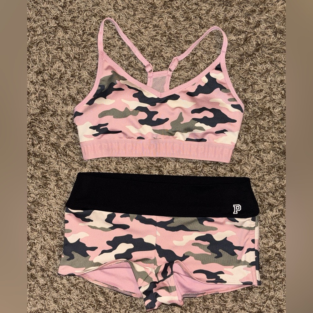 Pink Camo Sports Bra and Shorts Set